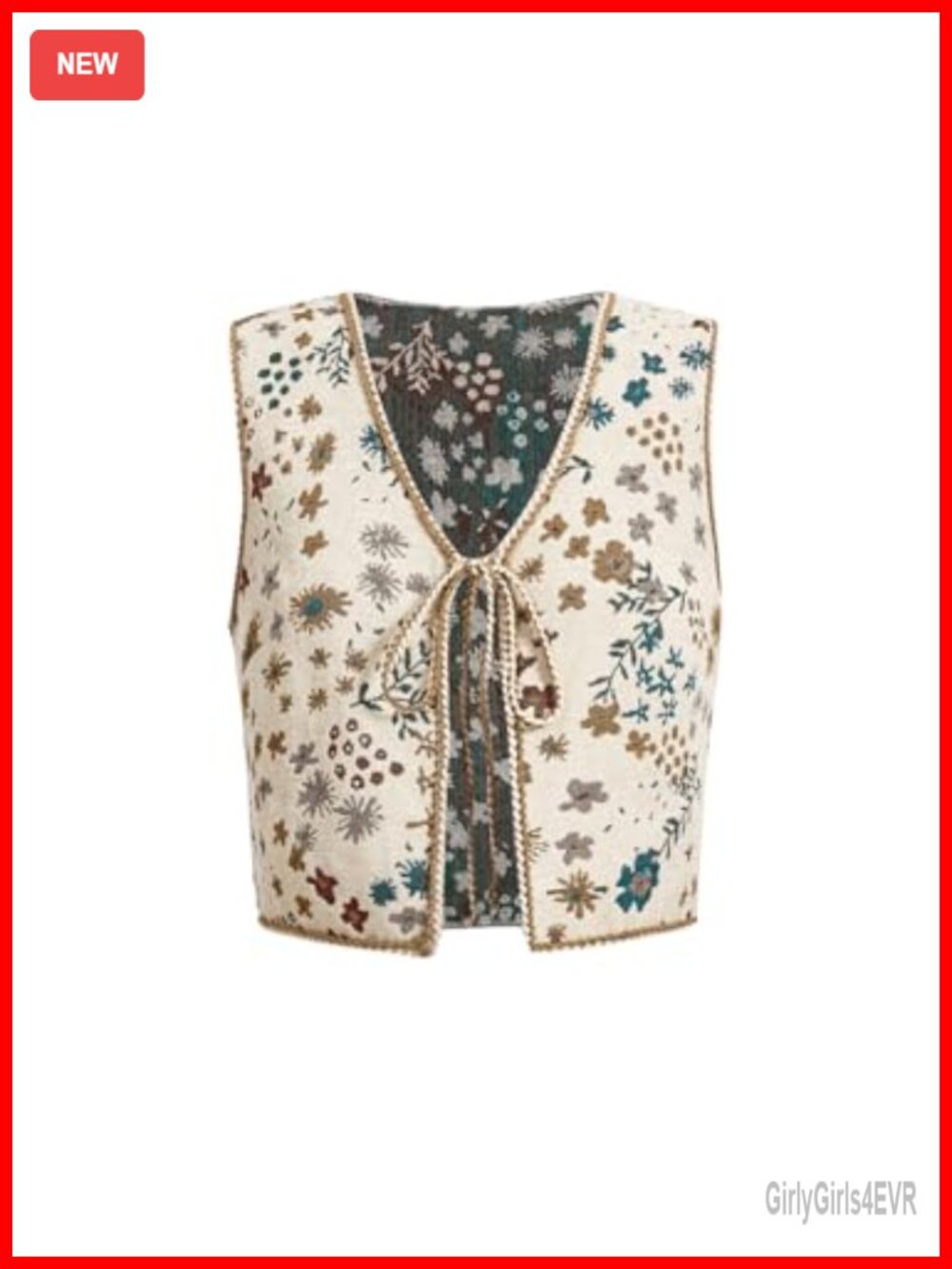 Embroidered Tie Front Western Vest Sleeveless V Neck Cropped Top